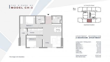 Bán Chung cư căn 03 2 phòng ngủ tòa K2, cửa Đông - Bắc ban công Tây - Nam, Chung cư The K Park [#H1612.1387]