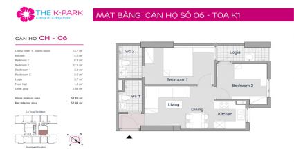 Bán Chung cư căn 06 2 phòng ngủ tòa K1, cửa Tây - Nam ban công Đông - Nam, Chung cư The K Park [#H1619.1392]